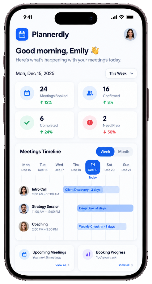 Plannerdly app on a phone showing the meetings overview